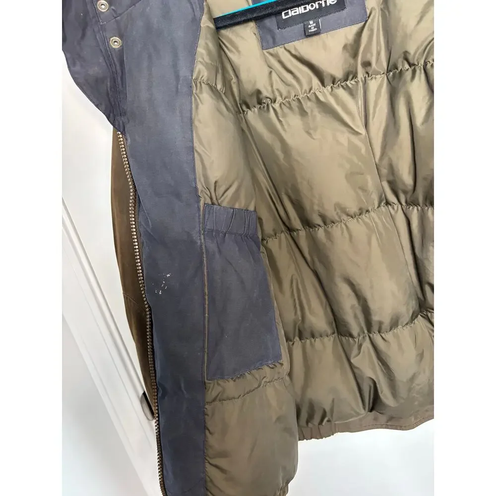 Claiborne Men’s Down‑Fill Jacket  Olive/Brown Waxed Look with High Collar Size M